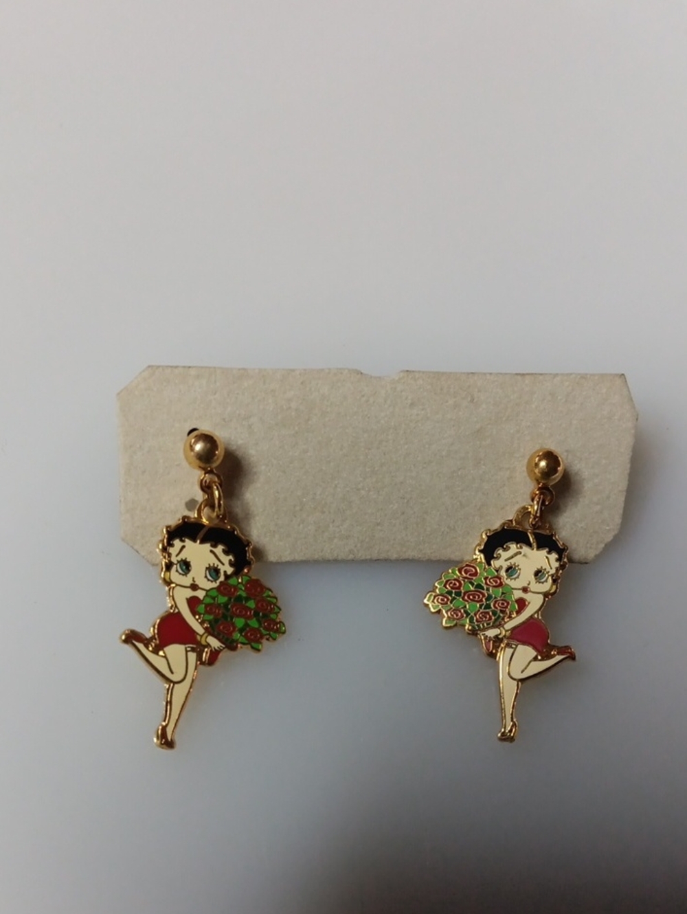 Betty Boop Gold-Tone Dangle Earrings with Bouquet